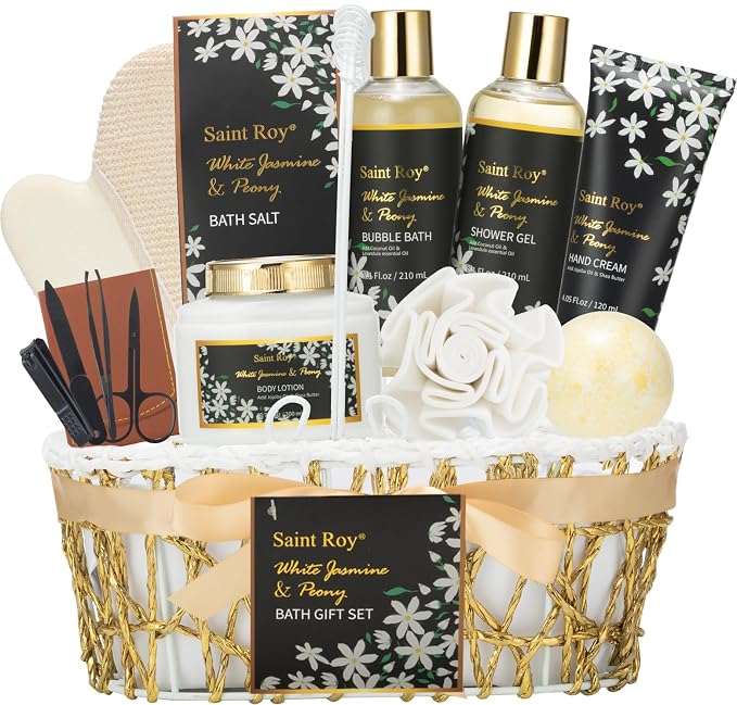 Spa Bath & Body Gifts for Women, Jasmine Peony Spa Gift Basket Self Care | Beauty Care Kit Relaxation Bath Gift, Skin Care Pamper Kit, Bath & Body Care Set, Birthday, Christmas, Anniversary