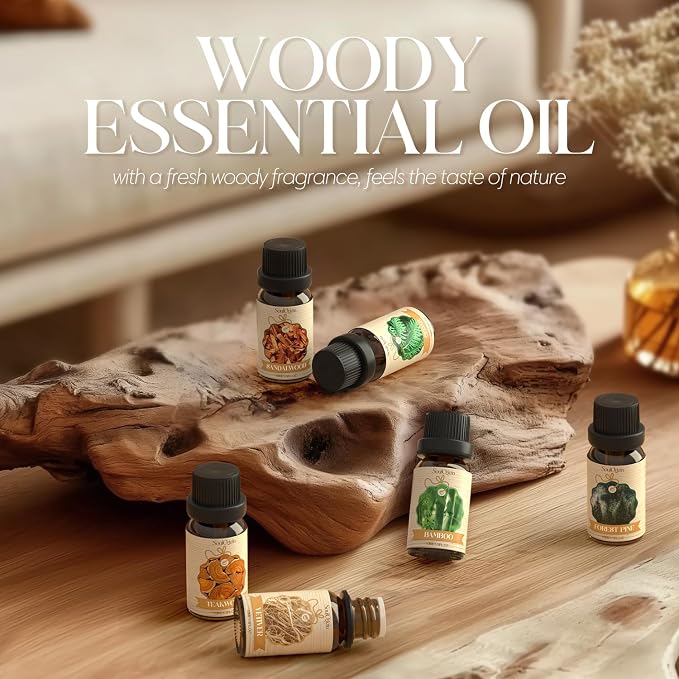 Soulorigin Woody Essential Oils Set, Fragrance Oil Set for Diffuser, Scent Diffuser Oil for Candle Making- Sandalwood, Cedar, Bamboo, Teak, Vetiver, Forest Pine