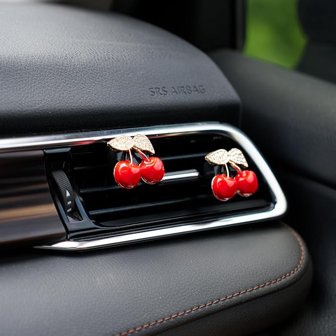Rislobx 4PCS Cherry Air Vent Clip, Bling Air Outlet Freshener Clip, Crystal Diamond Cherry Car Accessories, Girly Car Decor for Women