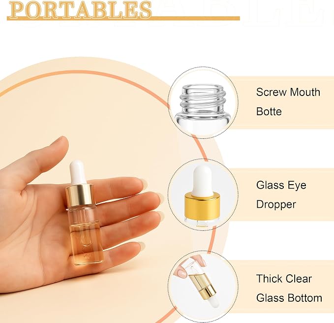 10pcs Mini Glass Dropper Bottle for Essential Oil,1ml Small Clear Sample Dropper Vails with Gold Cap,Perfume Cosmetic Liquid Containers for Traveling (10ml, 10)