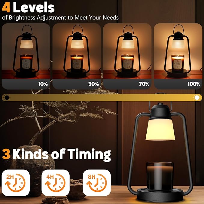 Candle Warmer Lamp, Candle Lamp Warmer with Dimmer, Electric Candle Warmer for Jar Candles Lamp Warmer Bedroom Home Decor, 2H/4H/8H Timer with 2 * 50 Bulbs