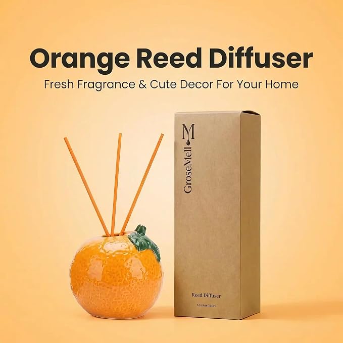 Sweet Natural Orange Scented Reed Diffuser Set – 6.76 fl oz (200ml) with Sticks, Creative Orange-Shaped Ceramic Design for Home, Bedroom & Bathroom Decor, Long Lasting Aromatherapy Gift