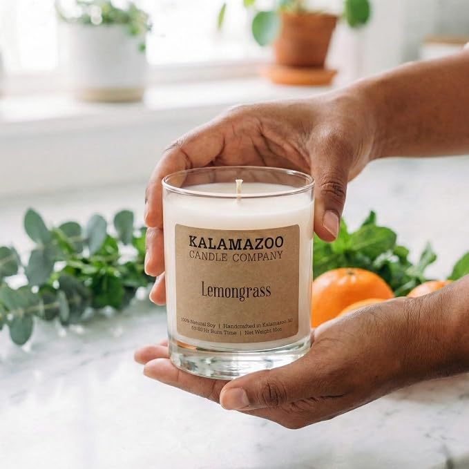 Kalamazoo Candle Company Hand-Poured Soy Wax Candle – 10oz Classic Jar, 60-80 Hour Burn Time – Made in USA, Highly Scented, Phthalate-Free (Lemongrass)