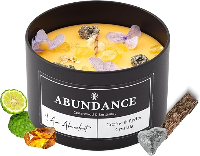 Abundance Crystal Candle – Citrine & Pyrite Crystals for Wealth & Success. Infused Cedarwood & Bergamot Scented Manifestation Candle with Gold Leaf & Hydrangea. Spiritual Gifts for Women