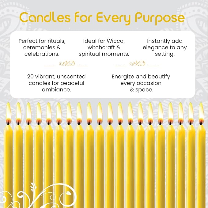 Set of 20 Solid Color Taper Candles – 4-Inch Dripless Paraffin Wax Candles with Cotton Wick – Ideal for Weddings, Shabbat, Holiday & Home Decor, Gift Set (Yellow)