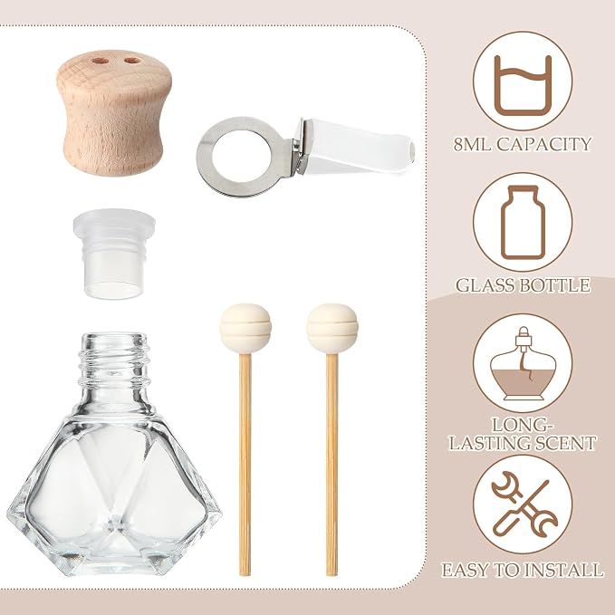 Zubebe 90 Pack 8 ml Diamond Essential Oil Diffuser Bottle Bulk Car Air Freshener Vent Clip Auto Perfume Vent Diffuser for Aromatherapy Fragrance Ornament Decor, Glass Bottle with Wooden Caps Stick