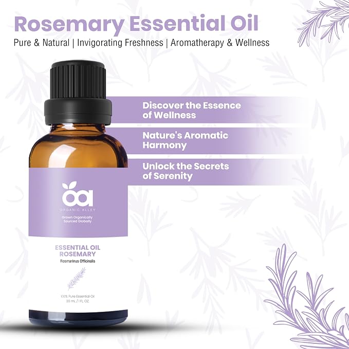 Rosemary Essential Oil by Organic Alley | 100% Pure Rosmarinus Officinalis Oil, Therapeutic Grade | Aromatherapy Essential Oil for Clarity & Focus (1 Fl Oz)