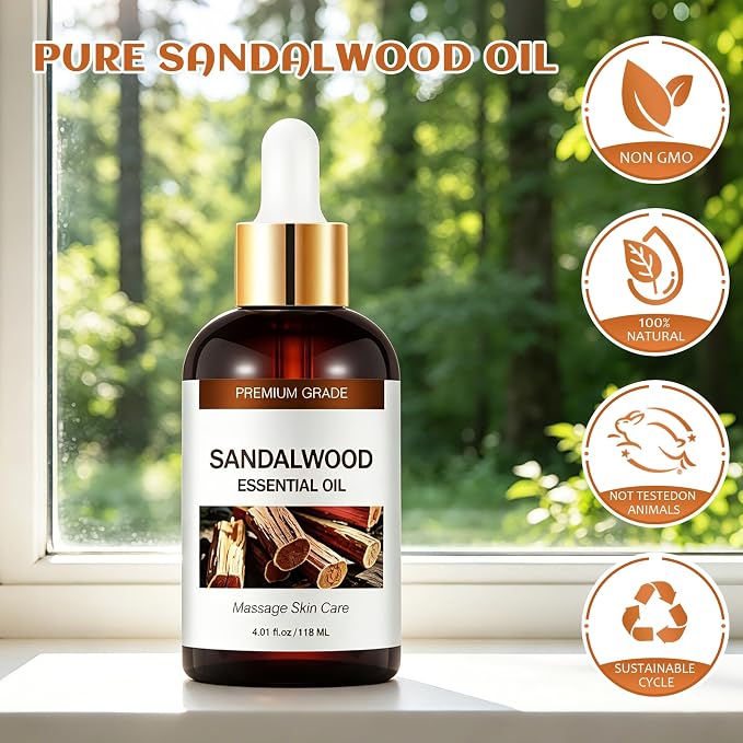 Sandalwood Essential Oils for Skin Care, Hair Care, 100% Natural Aromatherapy Oil 4 Fl Oz, Large Volume Sandalwood Oil for Aromatherapy Diffuser, DIY Fragrance and Relaxation