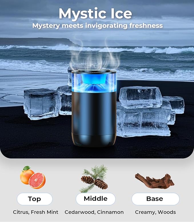 Hitolza Smart Car Air Fresheners, Ambient Light & Mist Fragrance, Auto On/Off Car Air Freshener Diffuser, Adjustable Intensity, Lasts 6 Months, Built-in Battery, Premium Scents Refill X2 - Mystic Ice