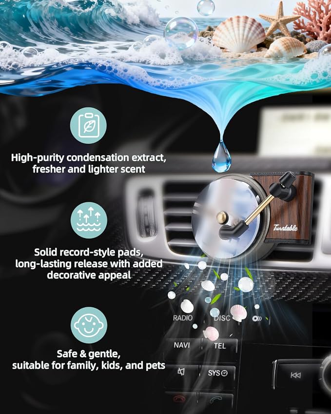 Record Player Car Air Freshener Vent Clip with 15pcs Refill Pads, Retro Ocean Breeze Aromatherapy Diffuser for Taylor Merch Gift, Air Freshener Car Decor Accessories, Music Lovers Gifts