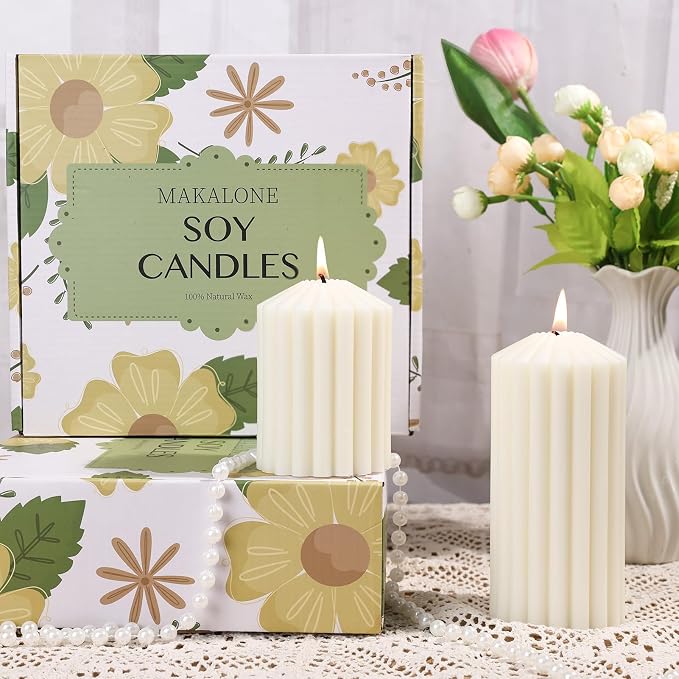 3 Pcs White Ribbed Pillar Candles-Vanilla Cake Scented,Natural Soy Wax,Non Toxic,Smokeless-2.8" x4,6,8in Modern Aesthetic Aromatherapy Candles for Home,Dinner Table,Living Room,Housewarming Gift