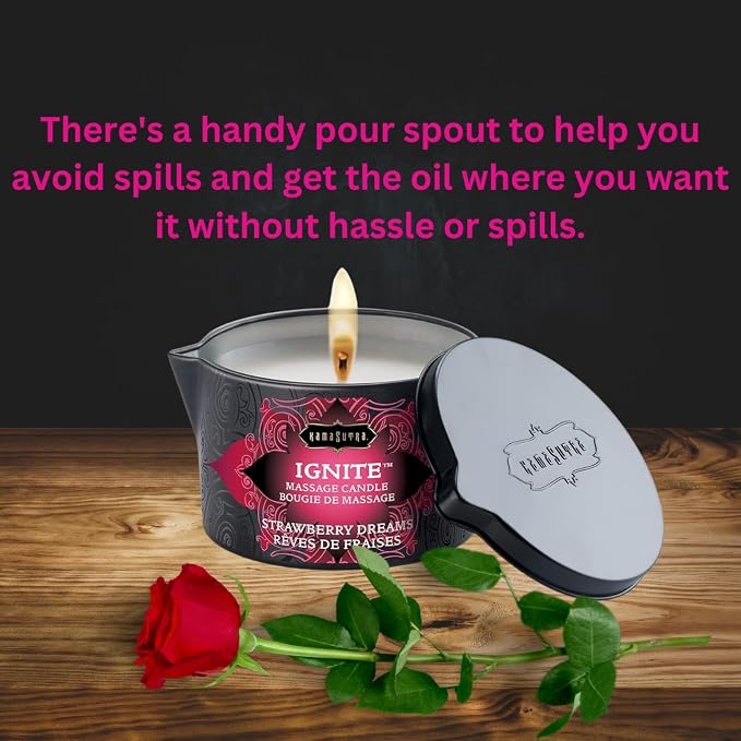 KAMA SUTRA Ignite Massage Candle - Coconut Oil and Soy Based - Strawberry Dreams Scented, 6 oz Candle Melts into a Warm Massage Oil, Couples Massage, Pour Spout Massage Candle