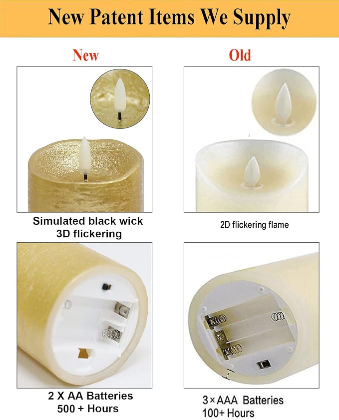 ANGELLOONG Gold Flameless Candles with Remote, Real Wax Battery Operated Electir LED Pillar Candles with Timer for Valentines Wedding Party Home Decor Halloween Christmas, Set of 3
