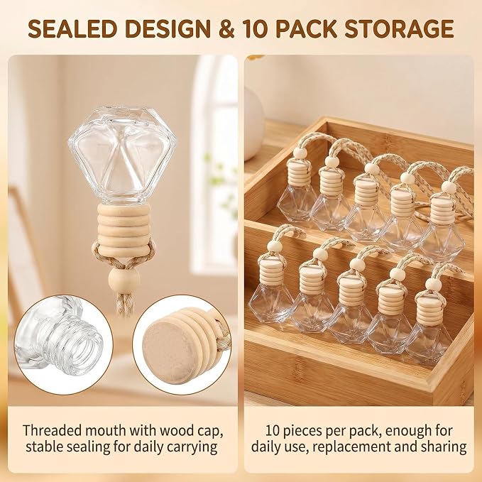 10 Pcs 8ml/0.27oz Hanging Car Air Freshener Bottles, Empty Clear Glass Diffuser Vials with Natural Wood Cap & Adjustable Rope, Refillable Car Perfume Pendant for Aromatherapy Fragrance Home Office