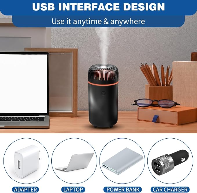 Car Humidifier Aromatherapy Essential Oil Diffuser USB Mist Mini Portable for Home Office Bedroom, 100ML, Black