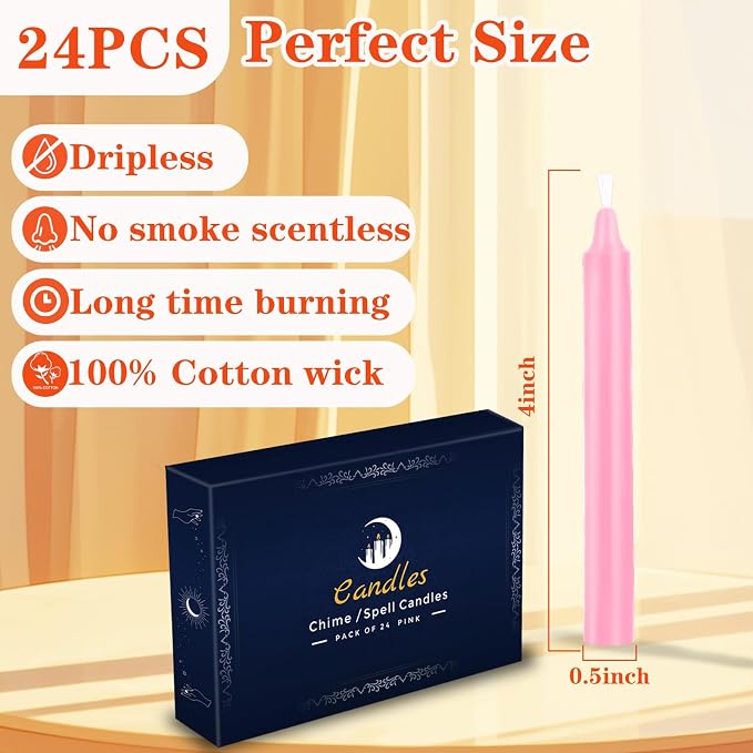 Kunrsug 24 Pack Pink Spell Chime Candles – Premium Mini Unscented Taper Candles for Rituals, Prayer, Birthdays, Meditation, Altar, Spells, Chime Candles - 4 Inch Tall - Ideal for Witches