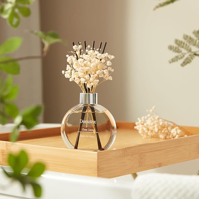 Flower Reed Diffuser Set 5.07oz Clean Linen Scent Diffuser with Sticks Home Fragrance Reed Diffuser for Bathroom Shelf Decor