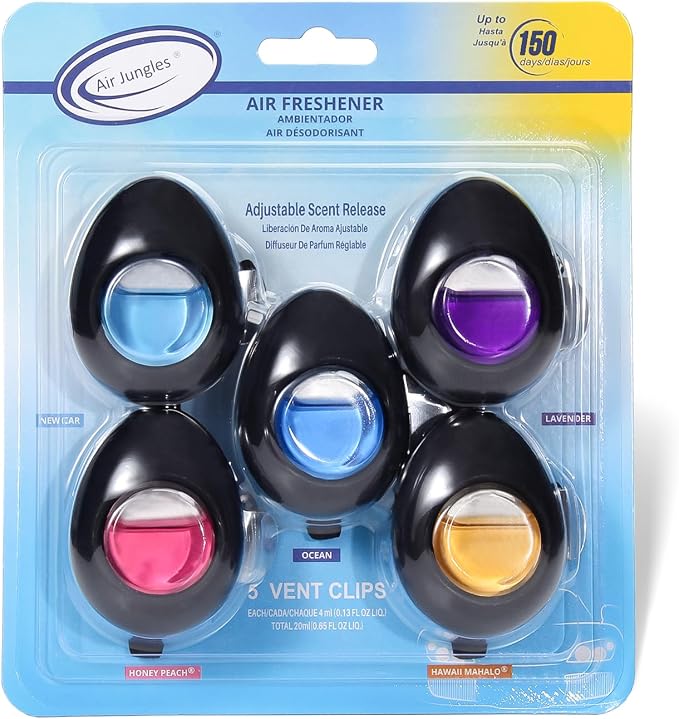 Air Jungles Car Air Freshener Vent Clip 5 Count, Variety Scent for Men and Women, Natural Fragrance with Essential Oil, Long-Lasting Car Odor Eliminator, Up to 150 Days