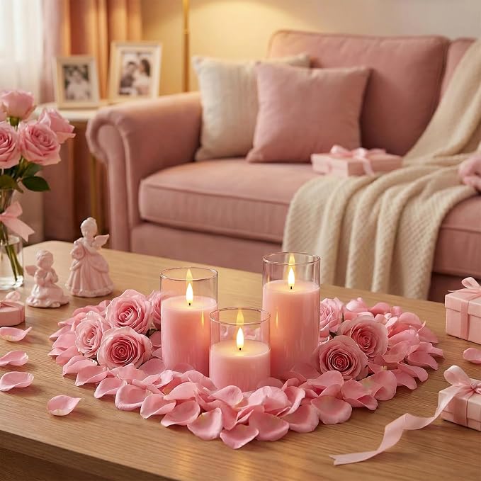 Homemory Pink Glass Flameless Candles, Battery Operated LED Pillar Candles with Remote & Timer, Real Wax Flickering Candles, Romantic Decorative Lights for Home Wedding Party, Set of 3