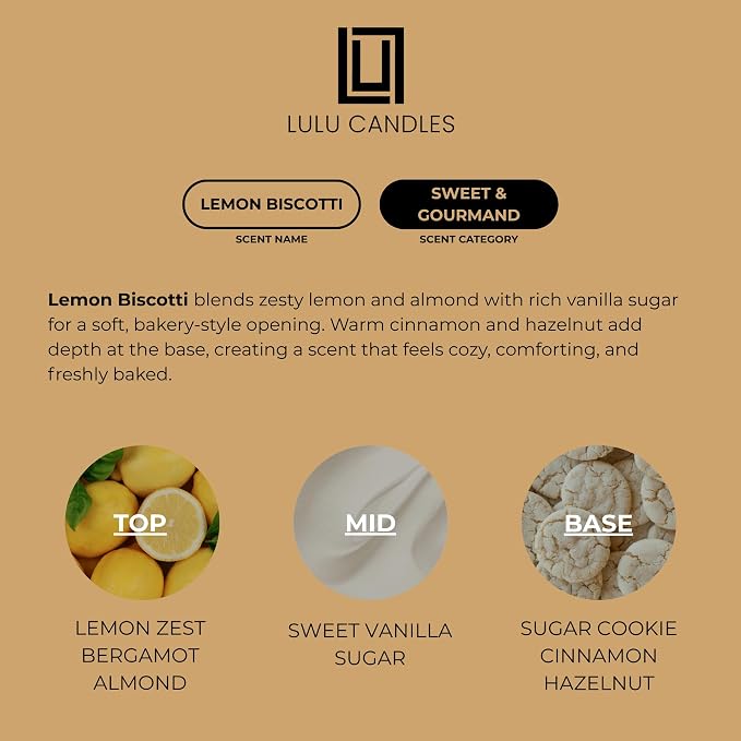 Lulu Candles | Lemon Biscotti | Highly Scented Candles for Home | Soy Blend Jar Candle with 100% Cotton Wick | Slow Burning (9 Oz.)