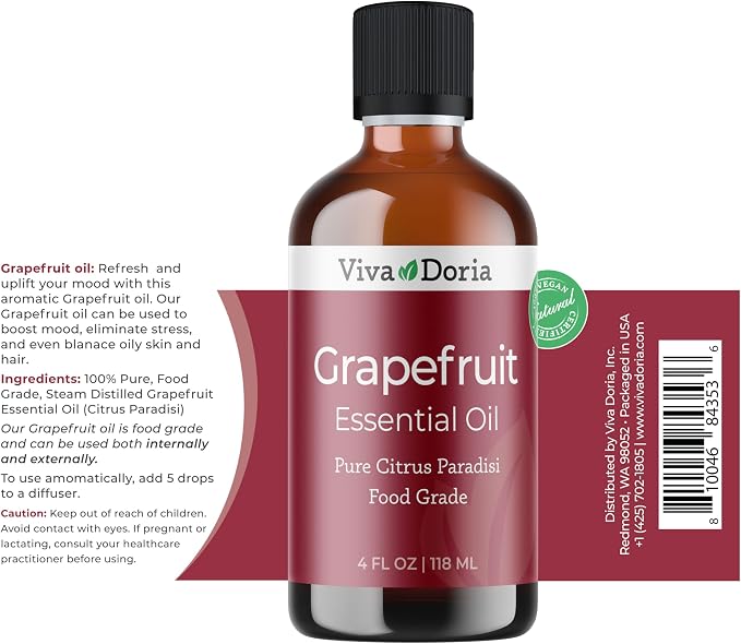 Viva Doria Grapefruit Essential Oil, 100% Pure, Natural Grapefruit Essential Oil, Undiluted, for Aromatherapy | Food Grade, 118 mL (4 Fluid Ounce)