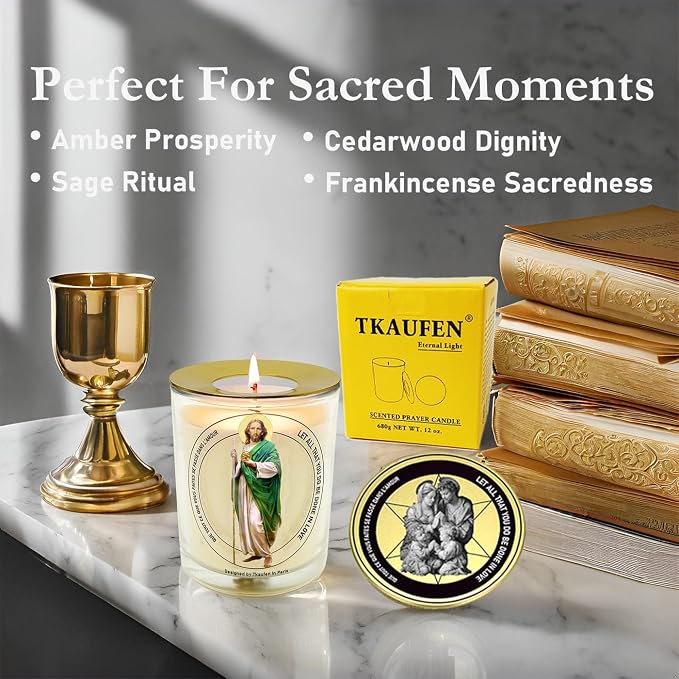 St. Judas Frankincense Sage Scented Candle 50 Hours with Warmer Ring│Hand-Poured Soy Wax│Money Attract, Blessing, Heal Illness, Fix Grades│Design in Paris│3“×3.6”