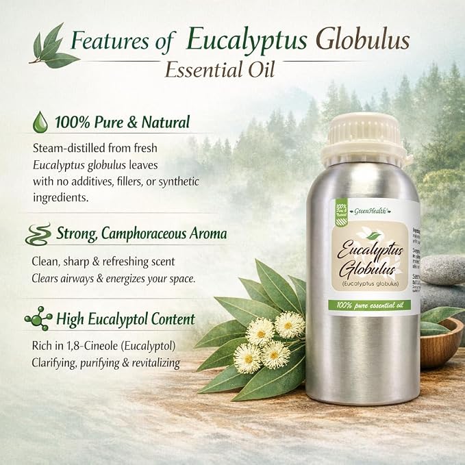 GreenHealth - Eucalyptus Globulus Essential Oil – 16 fl oz (473 ml) Aluminum Bottle w/Plug Cap – 100% Pure, Uncut, Undiluted