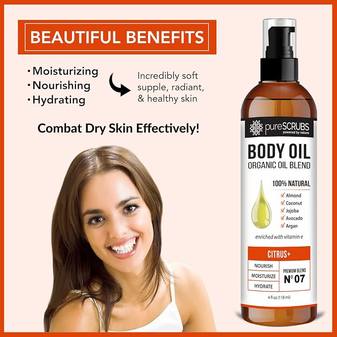 pureSCRUBS Ultra Moisturizing Citrus Body Oil for Dry Skin, Lightweight Full Body Moisturizer for Soft, Silky Skin, Massage & Cuticle Oil, Vitamin E Enriched, 4 oz