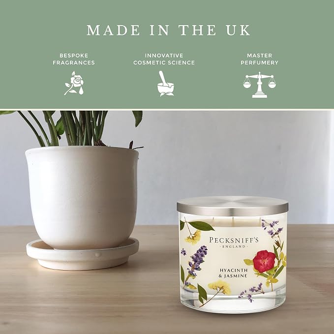 Pecksniff’s 3 Wick Candle – Jasmine & Hyacinth, 550 g / 19.4 oz – Long Lasting Burn, Elegant Home Decor & Relaxing Ambiance