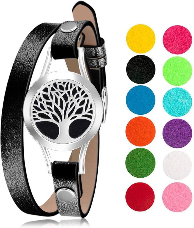 Wild Essentials Tree of Life Essential Oil Bracelet Diffuser, Leather Wrap Band, Stainless Steel Locket Pendant, 12 Color Refill Pads, Customizable Color Changing Perfume Jewelry, Aromatherapy, Black