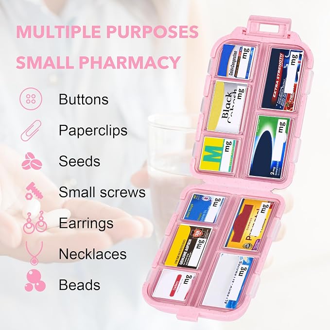 Travel Pill Organizer with 189 Medicine Labels & Stickers - 7 Day Pill Organizer (Pink, 1 Pack)