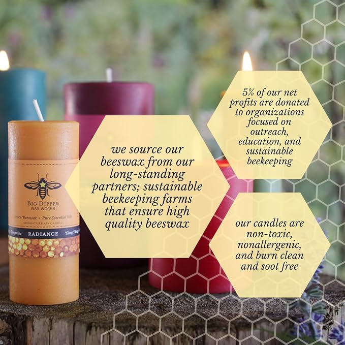 Big Dipper Wax Works Beeswax Aromatherapy Candle, Radiance, Pillar Candle, Ylang Ylang & Tangerine Scented, 40-Hour Burn, Pure Essentail Oils, 2" x 4.75"