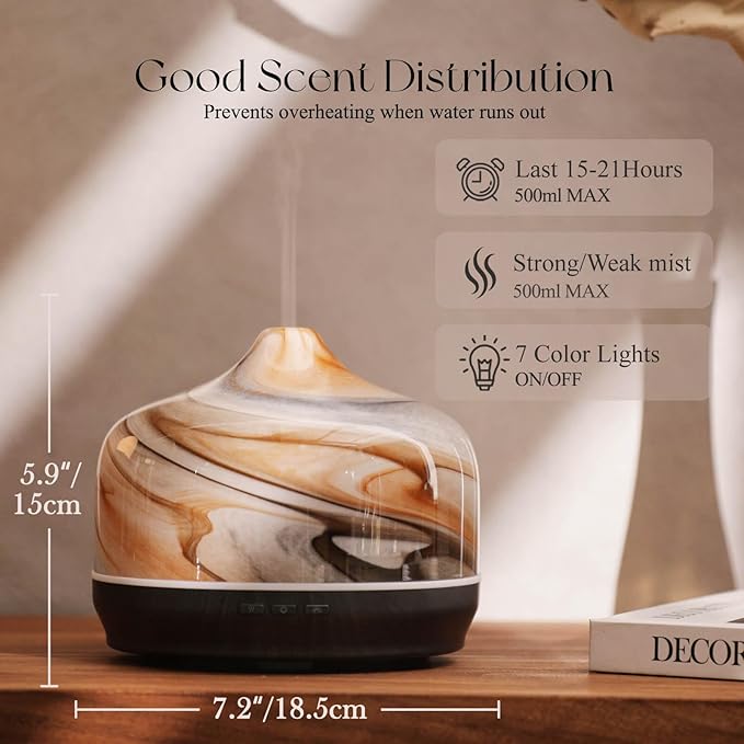 Porseme 500ml Glass Essential Oil Diffuser Aromatherapy Ultrasonic Cool Mist Humidifier 15-21 Running Hours Waterless Auto-Off Air Diffusers for Sleeping Yoga Working Spa(Jupiter)