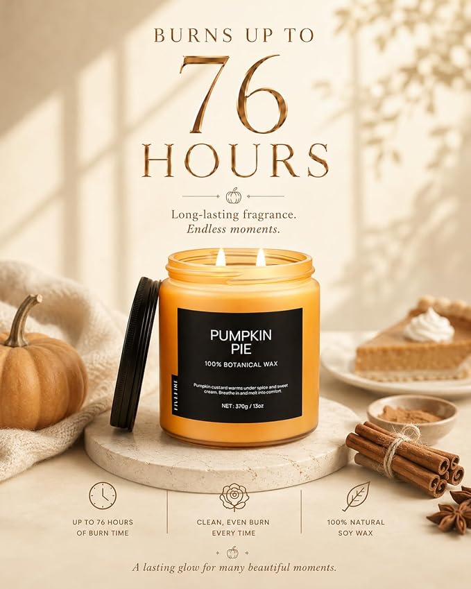 Pumpkin Pie Home Scented Candles, 13oz Organic Soy Wax, 76-Hour Clean Burning, Natural Candles Non Toxic, Warm & Spicy Fall Harvest Scent for Relaxation, Aromatherapy Housewarming Candle for Men Women