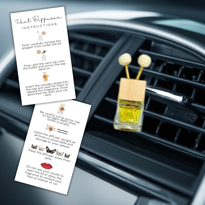 Car Vent Wood Diffuser Care Card | 50 Pack 2x3.5 inches Paper Cards | Vent Clip Reed Oil Diffuser Bottles add to Customer Package