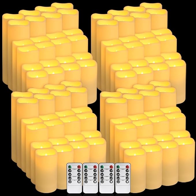 YOROXRG Set of 96 Waterproof Outdoor Flameless Candles, LED Candles with 4 Remote and Timer,(H 4" 5" 6" x D 2.2"),for Halloween Wedding Festival