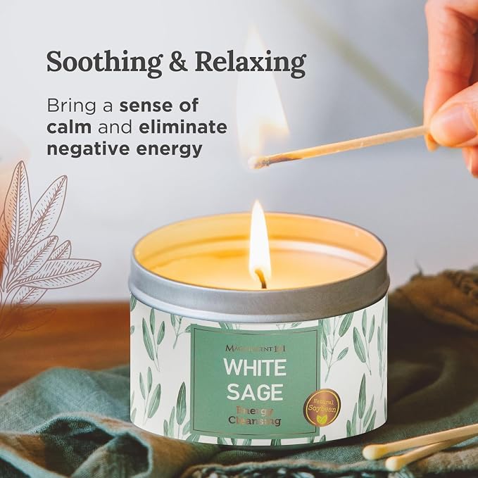 Magnificent 101 Long Lasting Pure White Sage Scented Smudge Candle - 6 Oz - 35 Hour Burn - Made of Soy Wax for House Energy Cleansing, Purification & Manifestation - Soy Candles