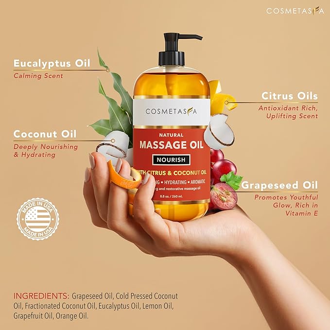 Natural Nourishing Citrus & Coconut Massage Oil- Smooth Glide, Non Greasy Therapeutic Massage Oils with Rejuvenating, Hydrating & Aromatic Essential Oils for Dry Skin, Soothes Muscle & Joints 8.8 oz