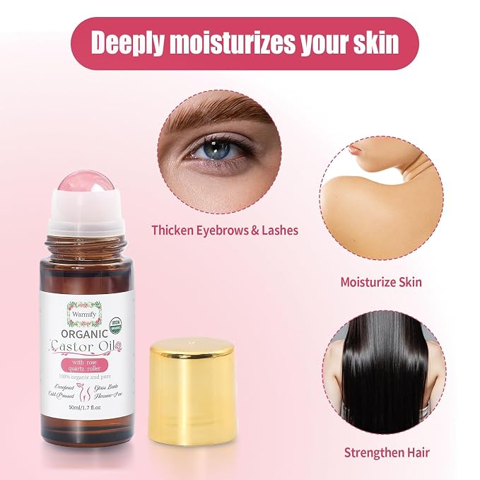 Organic Castor Oil with Rose Quartz Roll On for Body 50ml Large Bottle, Crystal Roller for Skin Moisturizing, Stretch Marks & Dry Areas, Cold-Pressed, Hexane-Free, Relaxing Self-Care Gifts for Women
