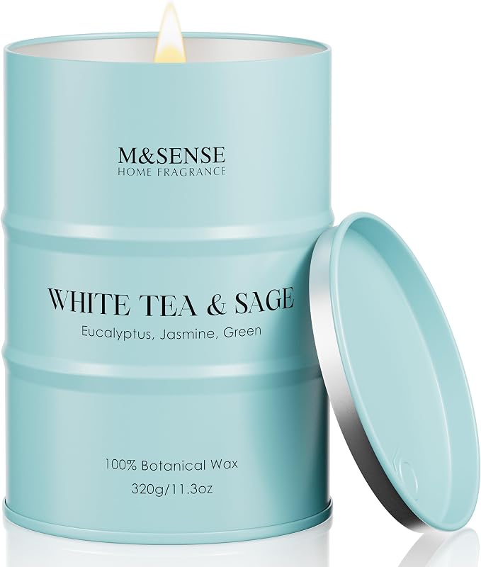 M&SENSE White Tea Sage Scented Candles Natural Non Toxic, Aromatherapy Candle for Stress Relief Meditation Relaxing, Housewarming Gifts for Women Men, 11.3oz 70 Hour Long Burning