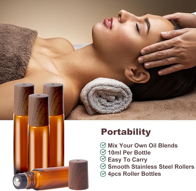 Hyber&Cara 10ml Glass Roll-on Bottles – 4-Pcs Essential Oil Roller Bottles with Stainless Steel Roller-Balls, Perfect for Fragrance & Aromatherapy (Includes 1 Bottle Opener, 1 Sticker, and 1 Funnel)