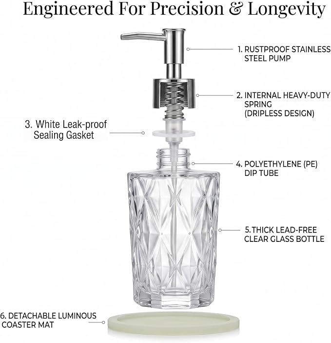 Diamond Design Glass Soap Dispenser with Stainless Steel Pump, Modern Kitchen Soap Dispenser with Luminous Coaster for Countertop Hand Soap, Bathroom Liquid Lotion & Dish Soap 6.8 Oz, Clear
