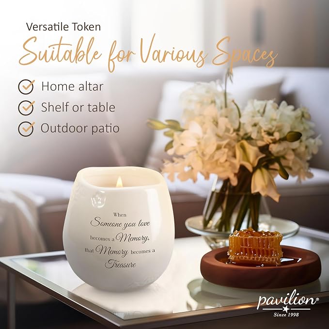 Pavilion - 8 Oz Candle Holder - Cream Beige Ceramic Candle Vessel with 100% Soy Wax, Tranquility Scent When Someone You Love Becomes A Memory Remembrance Gift - Printed Text, Love Theme, Round Shape