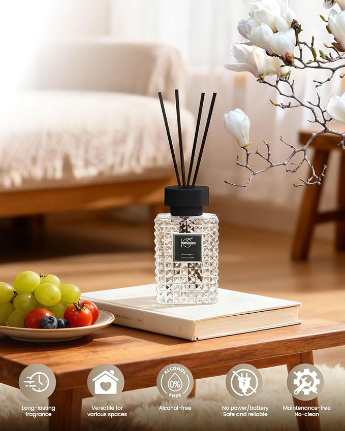 Reed Diffuser Set, White Magnolia Scented Home Fragrance Air Freshener for Bathroom Shelf Decor, 5.07 fl oz/150ml Essential Oil with Sticks