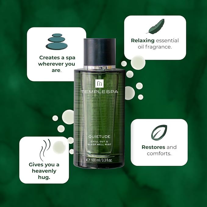 TEMPLESPA | QUIETUDE | Chill Out & Sleep Well Mist - Body Spray, Natural relaxation aid, Lavender, Vetivert, Cedarwood, Chamomile Fragrance, Natural Ingredients, Vegan 3.3 fl.oz.