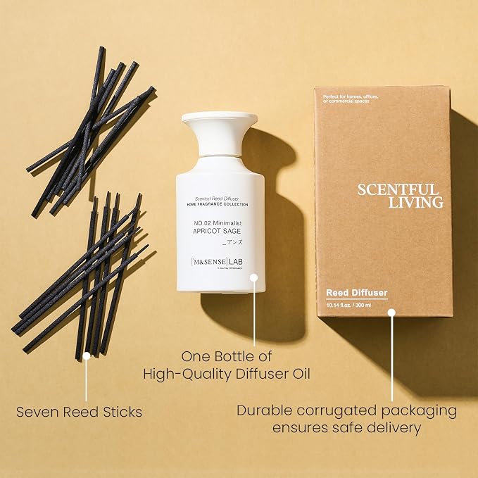 M&SENSE Minimalist Large Reed Diffuser 300ml, Apricot Sage Scented with Natural Essential Oils, Long Lasting with 7 Sticks, Non-Toxic Home Fragrance for Bedroom, Bathroom Decor