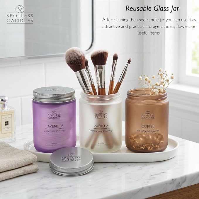 Aromatic Candles Three Pack - 3 x 8 oz Cotton Wick Candles Coloured Fosted Jars - Vanilla, Lavender and Coffee, Classic Candle Set for Men and Women by Spotless Leopard