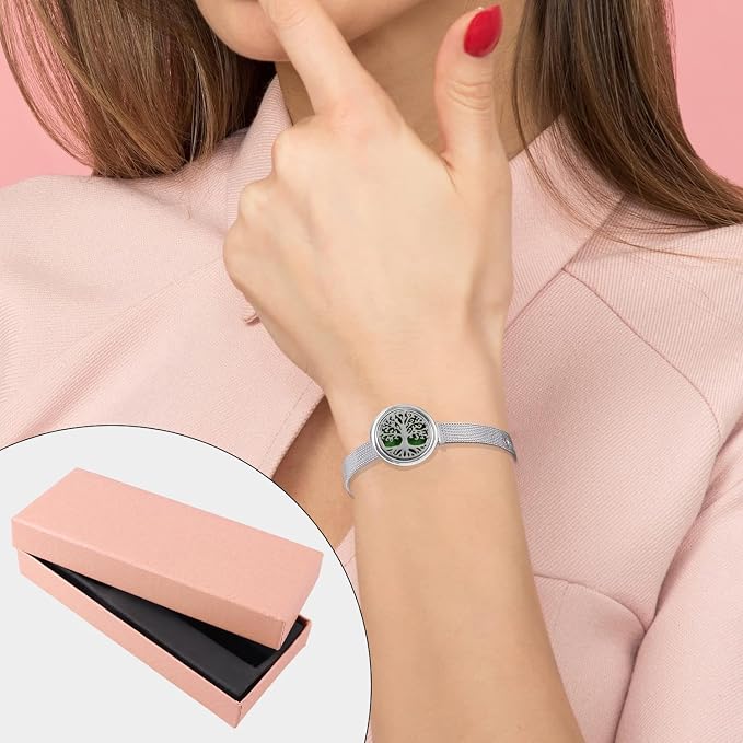 Essential Oil Diffuser Bracelet with Gift Box Aromatherapy Locket Adjustable Stainless Steel Tree of Life Watch Chain Bracelet with 10 Pcs Refill Pads for Women