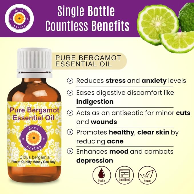 dève herbes Bergamot Mint Essential Oil (Mentha citrata) Pure | Non-Sticky | Non-Greasy | Lightweight | Men & Women | All Skin Types | Steam Distilled 15ml (0.5 oz)