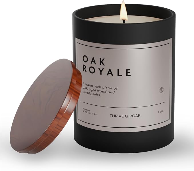 Thrive & Roar - Oak Royale Premium Scented Candle for Men – 7oz Long Lasting, Soy Wax Aromatherapy Candle for Home Scented, Masculine Aroma, Office Decor, Man Cave Decor, Men's Gift